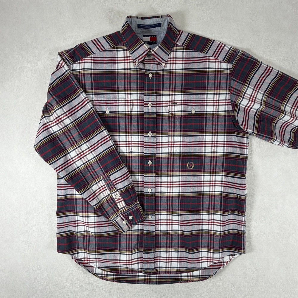 VTG Tommy Hilfiger Mens Plaid Button Down Shirt Red Green Cotton Size Medium